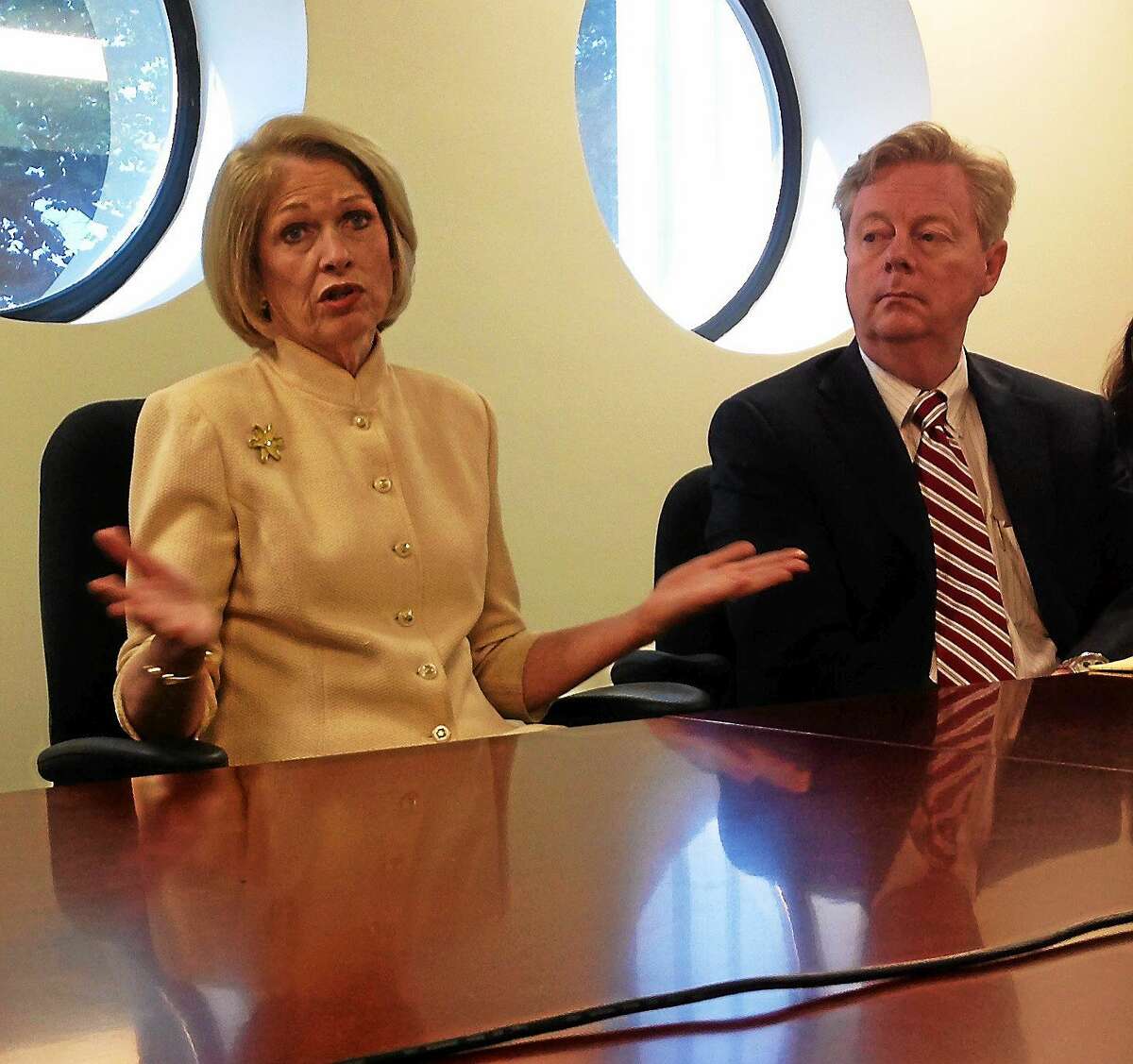 (New Haven Register) Marna Borgstrom, CEO of Yale New Haven Health Systems, and Stephen Frayne, lobbyist for the Connecticut Hospital Association at an editorial board meeting.