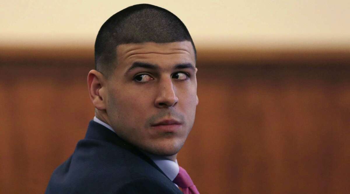 Aaron Hernandez looks back at the gallery during his murder trial Thursday at the Bristol County Superior Court in Fall River, Mass.