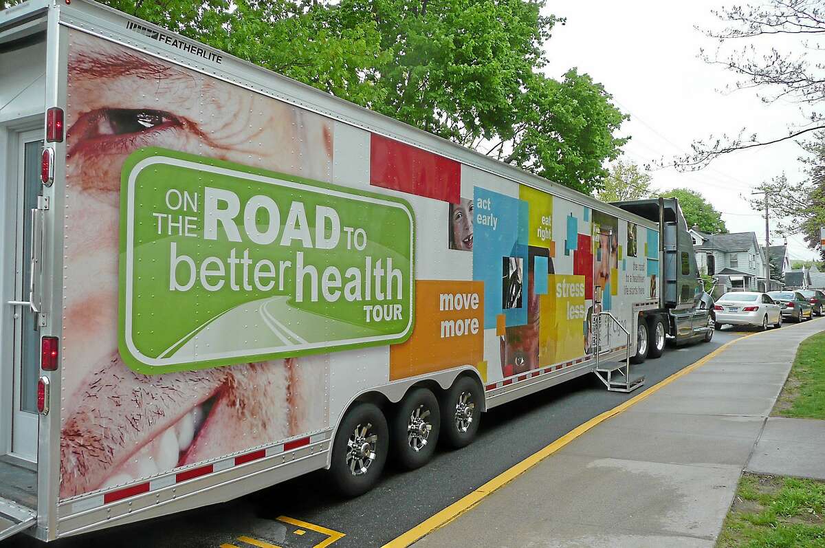 Kate Hartman/Register Citizen. Cigna's mobile learning lab provides students and teachers the opportunity to learning about health and wellness through interactive exhibits.