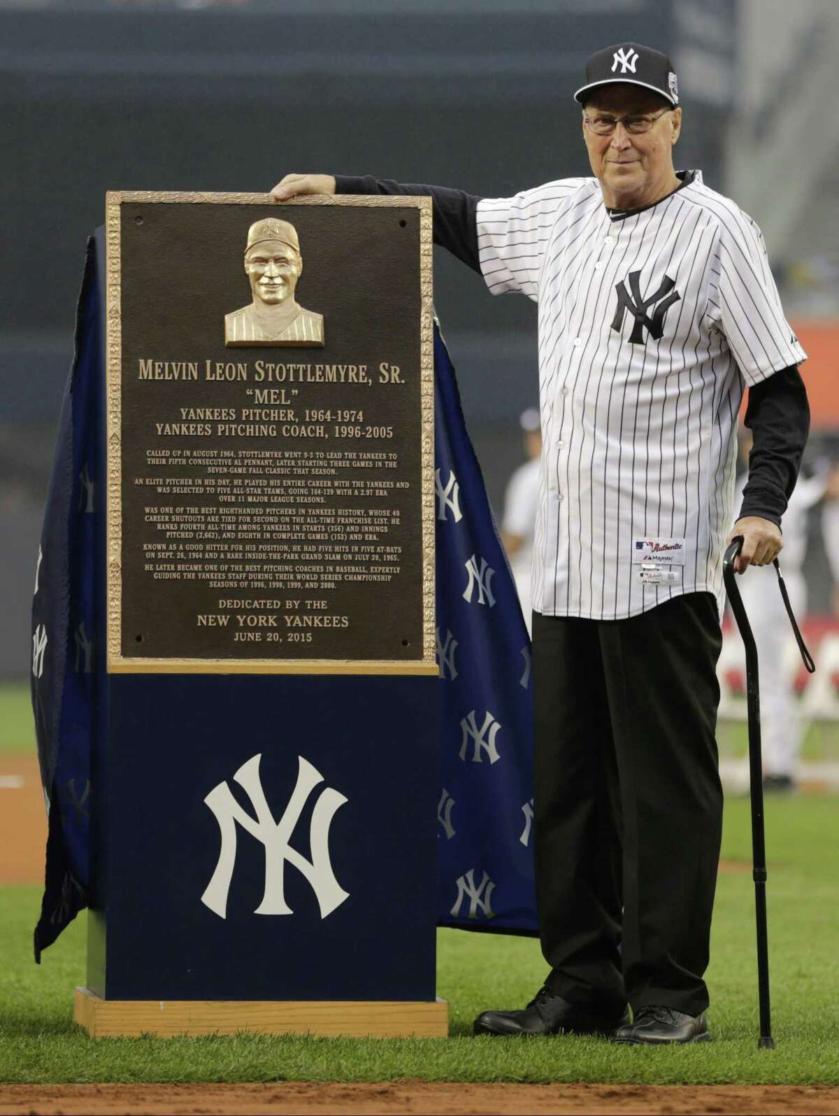 Mel Stottlemyre poses with his plaque.