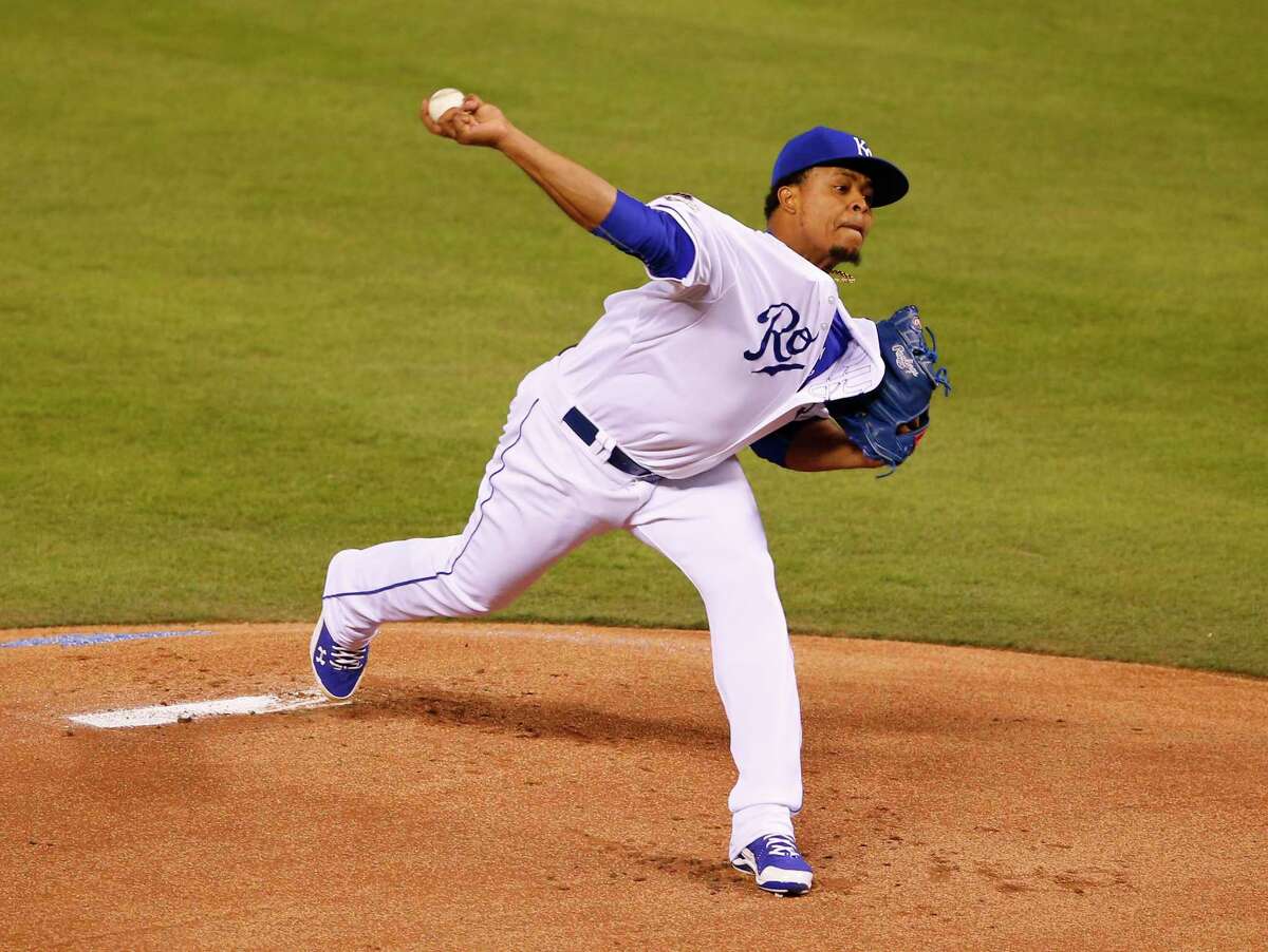 Kansas City starter Edinson Volquez threw six scoreless innings as the Royals beat the Toronto Blue Jays 5-0 in Game 1 of the American League championship series on Friday in Kansas City, Mo.