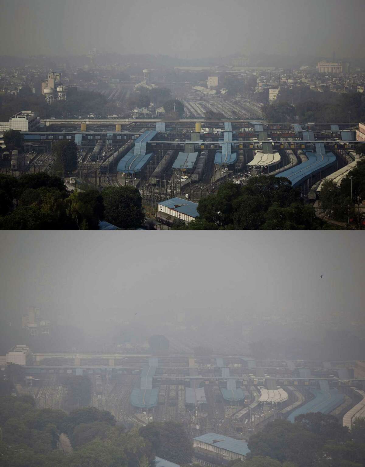 In this combination of two photos, the New Delhi skyline is seen enveloped in smog over a railway station on Oct. 28, 2016, top, and a day after Diwali festival on Oct. 31, 2016, bottom. As Indians wake Monday to smoke-filled skies from a weekend of festival fireworks for the Hindu holiday of Diwali, New Delhi’s worst season for air pollution begins, with dire consequences. A new report from UNICEF says about a third of the 2 billion children in the world who are breathing toxic air live in northern India and neighboring countries, risking serious health effects including damage to their lungs, brains and other organs.