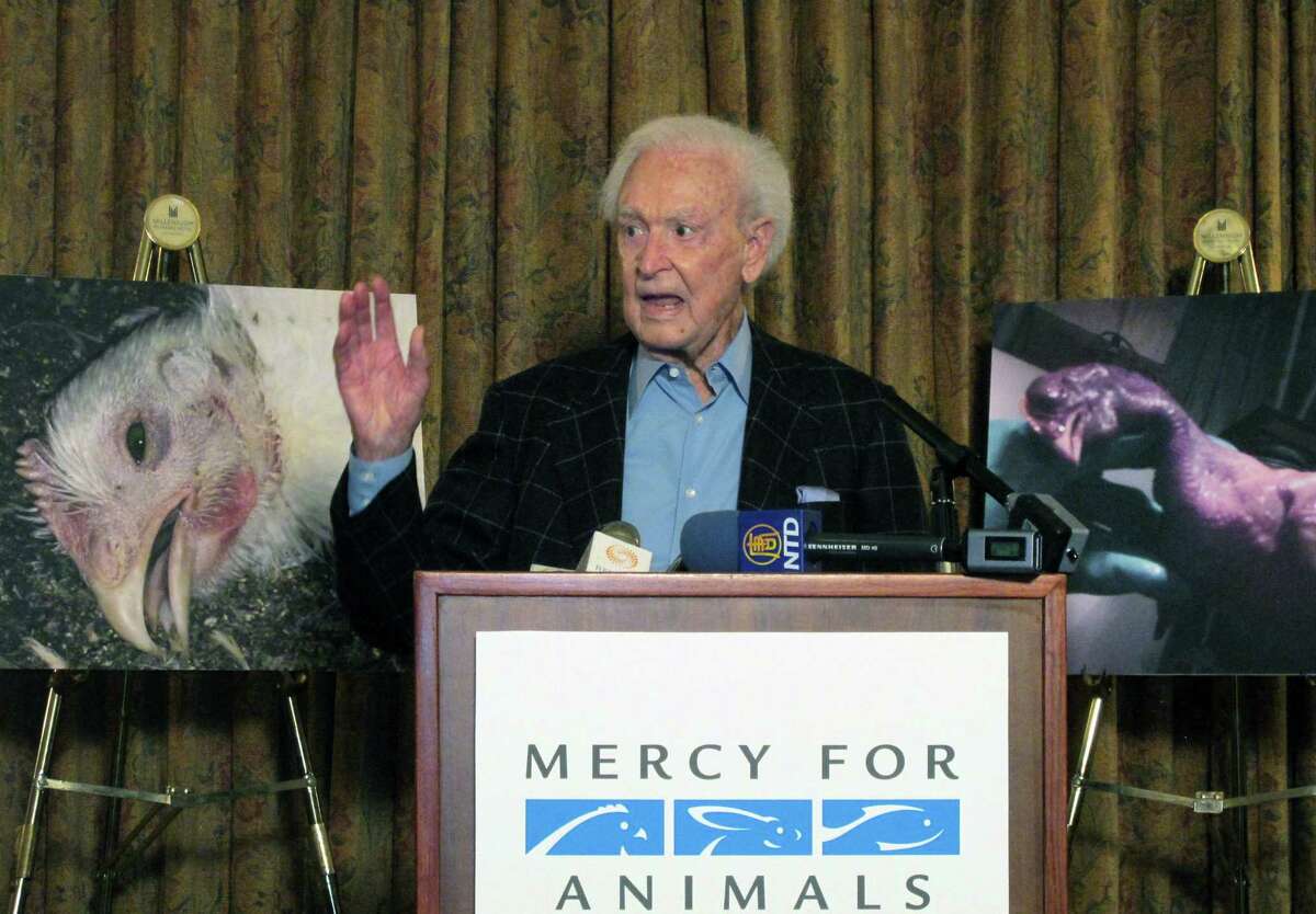 Bob Barker, former host of ìThe Price is Rightî and a longtime animal rights advocate, speaks during a news conference in downtown Los Angeles on Wednesday, June 17, 2015. Barker criticized poultry producer Foster Farms after an animal-rights group released video showing chickens being slammed upside-down into shackles, punched and having their feathers pulled out while still alive. California-based Foster Farms says it has suspended five employees. (AP Photo/Amanda Lee Myers)