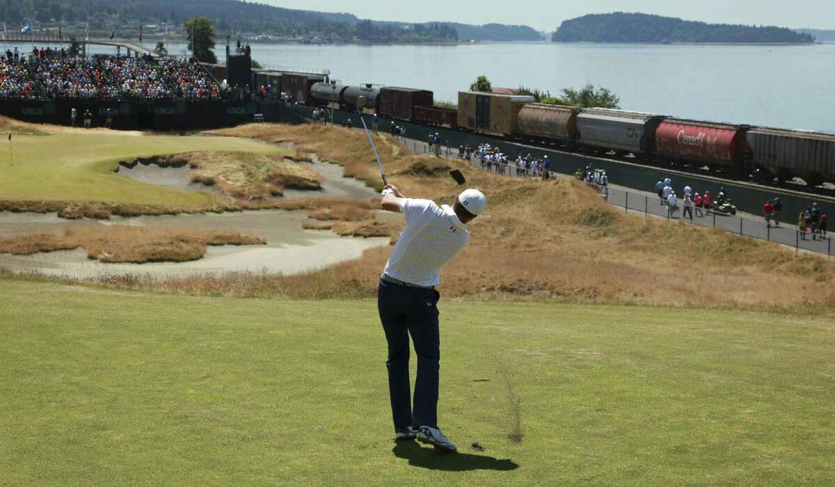 Jordan Spieth watches his tee shot on the 16th hole during a practice round for the U.S. Open Wednesday at Chambers Bay in University Place, Wash.