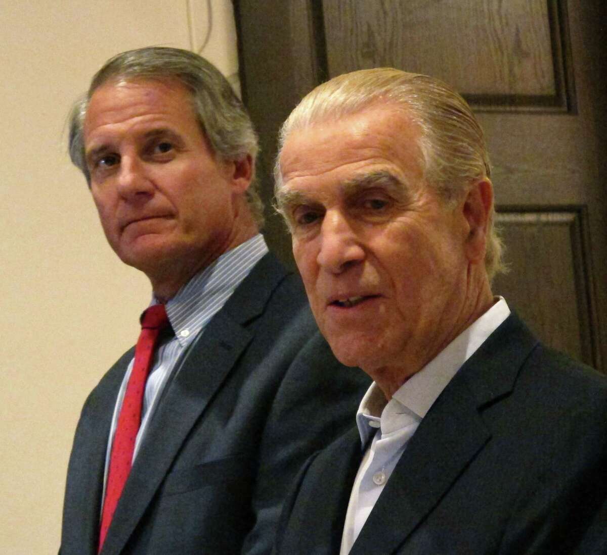 This Aug. 26, 2015, photo shows Mitchell Etess, right, CEO of Mohegan Gaming Advisors, and Morris Bailey, left, owner of Resorts Casino Hotel in Atlantic City, N.J. On Wednesday Oct. 14, 2015, the New Jersey Casino Control Commission approved a new management agreement in which the Mohegans can invest in Resorts’ Internet gambling operations, but not own any more than 10 percent of the casino itself.