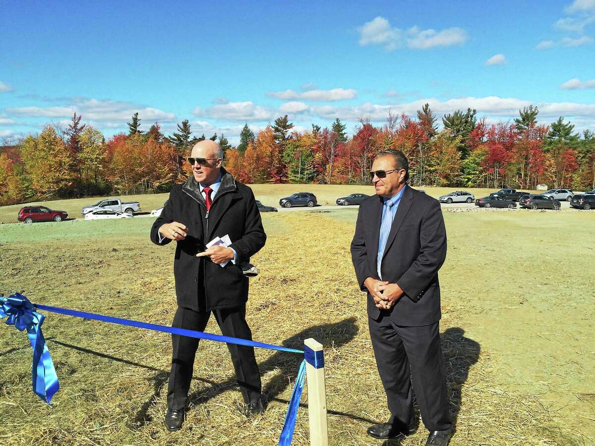 BNE Energy executives Greg Zupkus and Paul Corey speak at Thursday’s launch of Connecticut’s first commercial wind farm in Colebrook.