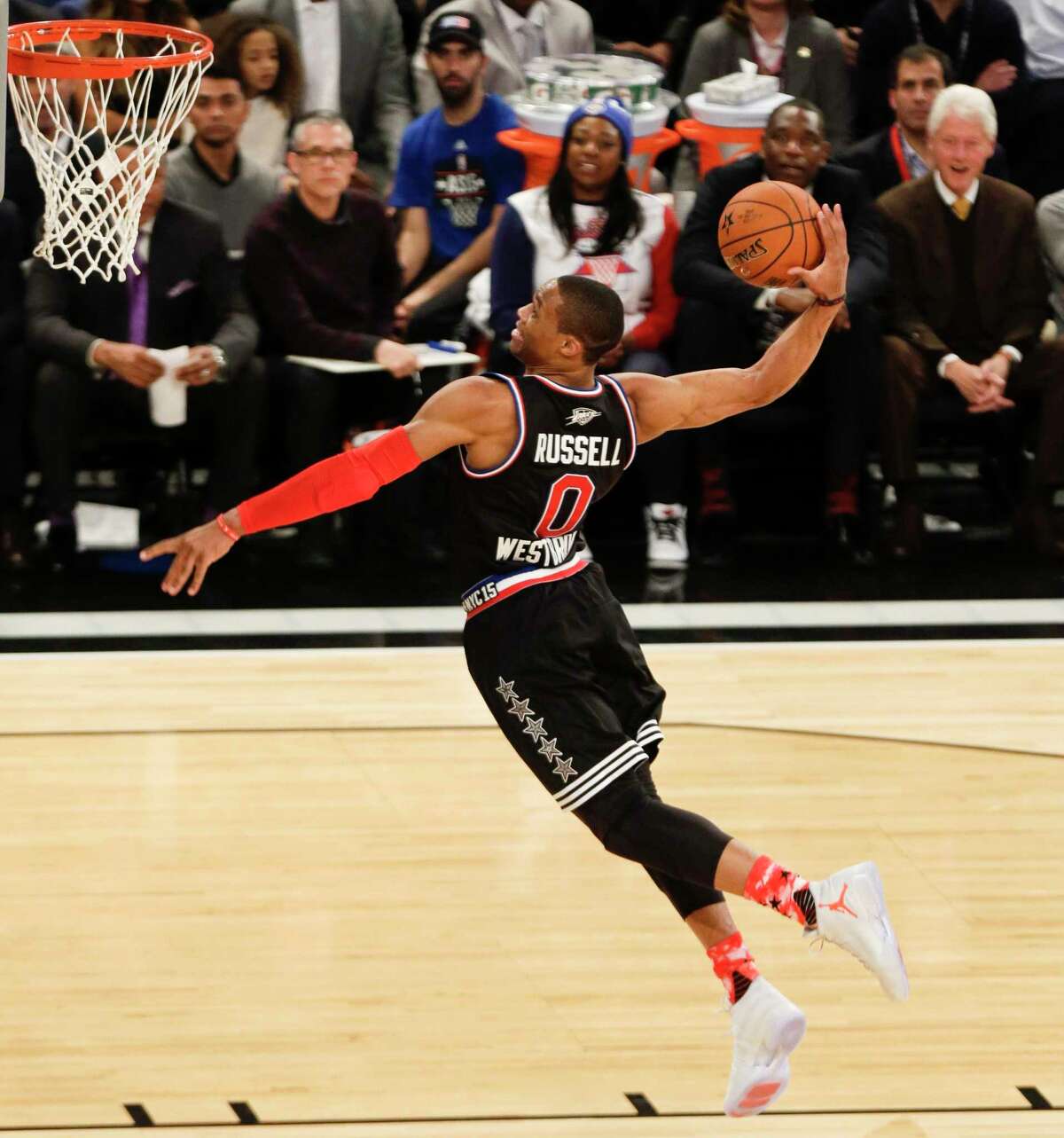 The Associated Press Russel Westbrook dunks the ball during Sunday’s NBA All-Star game at Madison Square Garden in New York.