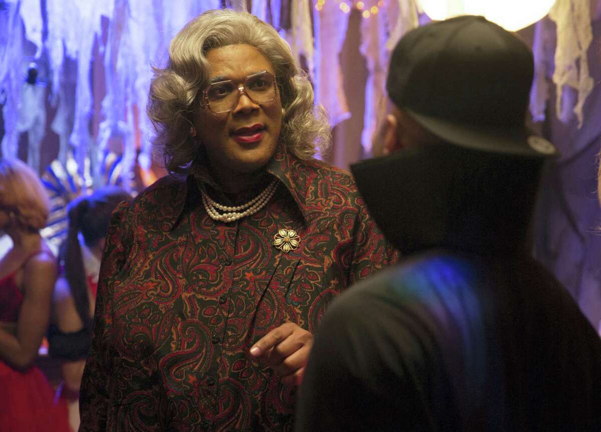 In this image released by Lionsgate, Tyler Perry portrays Madea in a scene from, “Tyler Perry’s Boo! A Madea Halloween.” Perry’s latest Madea movie remained number one for the second straight week, topping the North American box office with an estimated $16.6 million.