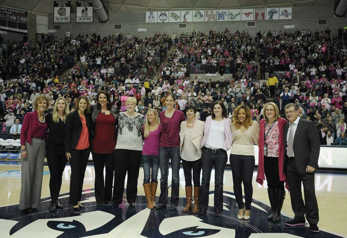 Members of the 1994-95 UConn women’s basketball team are honored during halftime of the Huskies’ 87-39 win over Tulane on Saturday afternoon at Gampel Pavilion in Storrs.
