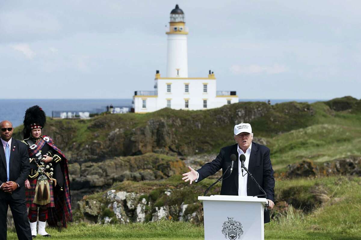 The presumptive Republican presidential nominee Donald Trump makes a speech at his revamped Trump Turnberry golf course in Turnberry Scotland Friday June 24, 2016. Trump, in Scotland the day after the United Kingdom voted to leave the European Union, saluted the decision, saying the nation’s citizens “took back their country.”