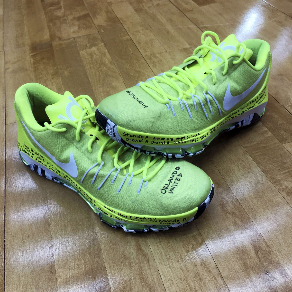 This undated photo provided by the Seattle Storm shows the shoes Breanna Stewart wore June 16, 2016, in the Storm’s game against the Dallas Wings. The shoes will be auctioned to benefit the OneOrlando fund.