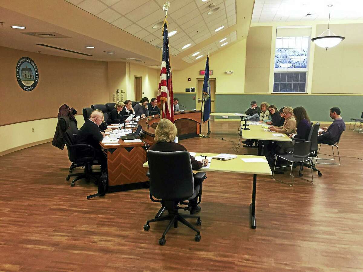 BEN LAMBERT — THE REGISTER CITIZEN Members of the Torrington Board of Education and school administrators met Tuesday with the Board of Finance to discuss a shortfall in the district budget.
