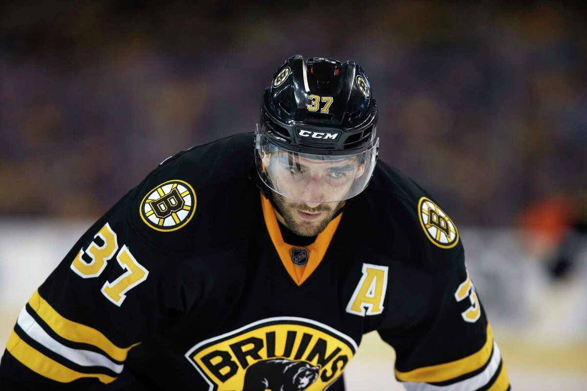 The Bruins’ Patrice Bergeron waits for a face off during the second period on Monday.