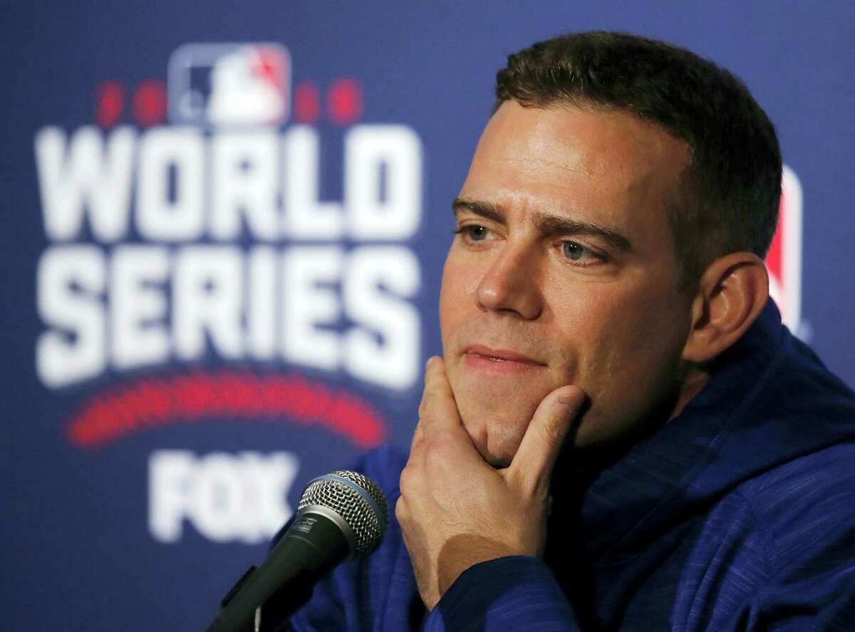 Cubs president for baseball operations Theo Epstein speaks during a news conference.