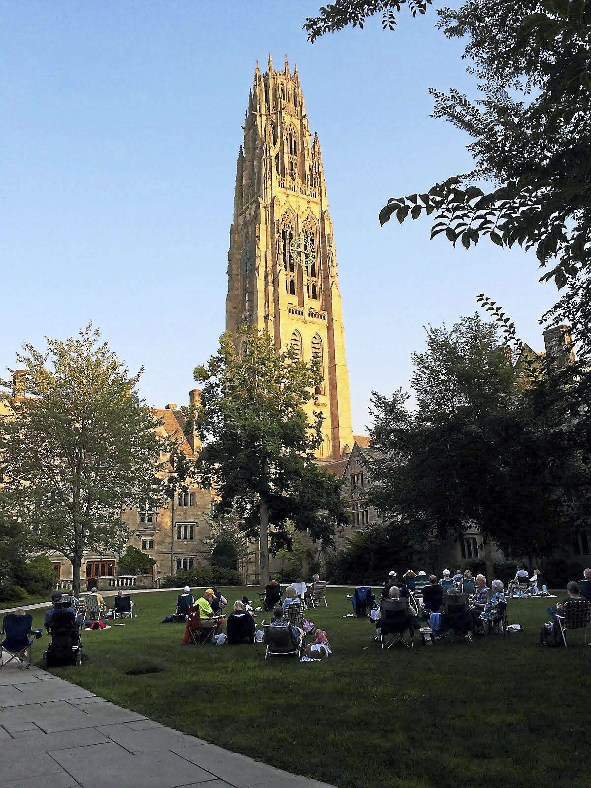 Lounging in Branford Courtyard at Yale during a carillon concert.