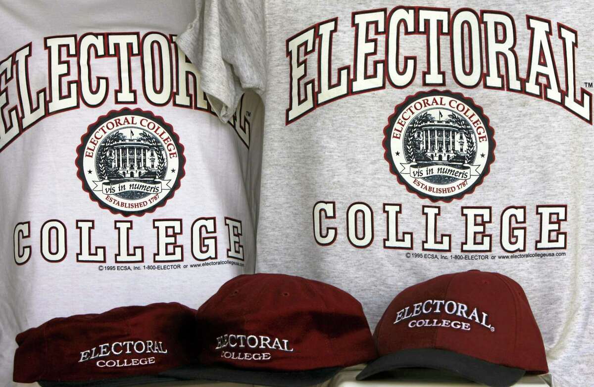 Sportswear bearing the name of the nonexistent “Electoral College.” Each state’s Electoral College votes are based on the size of its congressional delegation, not its population. Because of that, a presidential vote in Wyoming mathematically counts more than three times as much as a vote in Ohio, at least in terms of choosing electors.