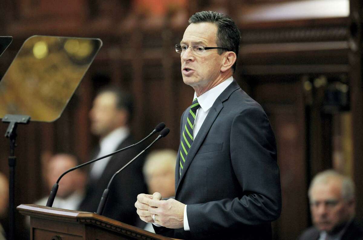 Connecticut Gov. Dannel P. Malloy delivers his budget address to the Senate and House inside the Hall of the House at the state Capitol, Wednesday, Feb. 3, 2016, in Hartford.