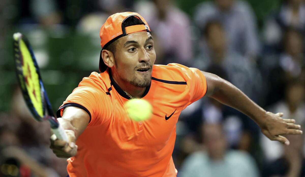 In this Oct. 8, 2016 photo, Australia’s Nick Kyrgios returns a shot to Gael Monfils of France during the semifinal match of Japan Open tennis championships in Tokyo. Major champions Juan Martin del Potro, Venus Williams and Garbine Muguruza are among the tennis players taking part in exhibition matches at Madison Square Garden on March 6. Also participating: recently suspended top-15 player Nick Kyrgios.