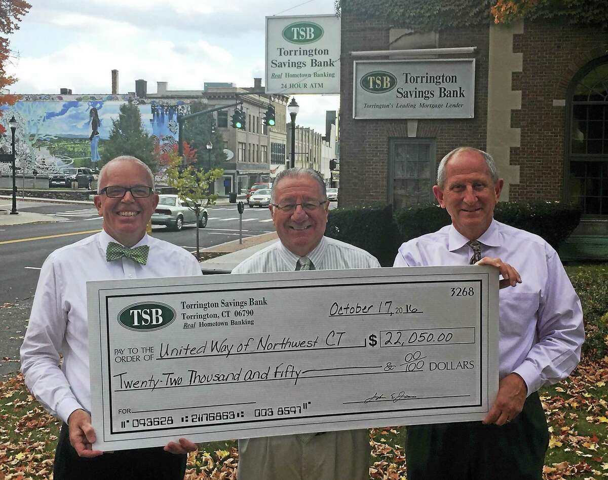 Contributed photo From left are Jeff Geddes, Senior Vice President Torrington Savings Bank and United Way of Northwest Connecticut Board Member; Owen Quinn, Executive Director, United Way of Northwest Connecticut; John Janco, President and CEO, Torrington Savings Bank.