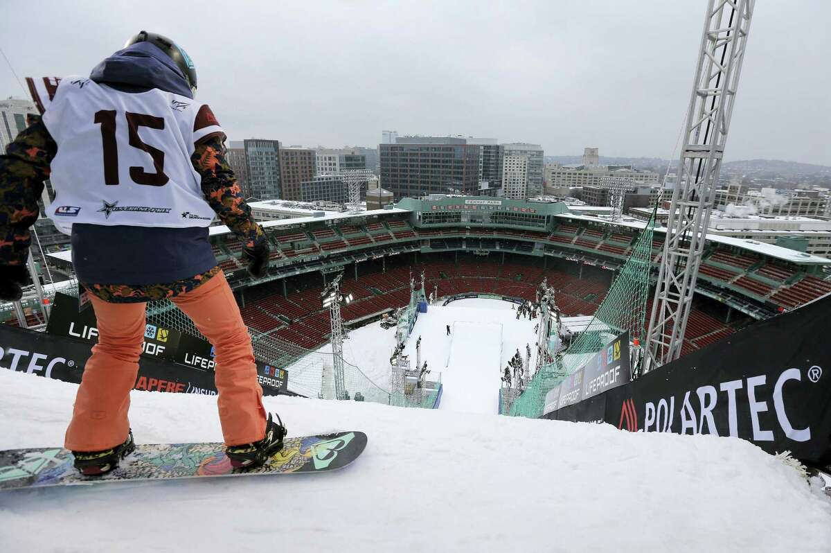 Snowboarder Katie Ormerod prepares to make a practice jump on Wednesday.