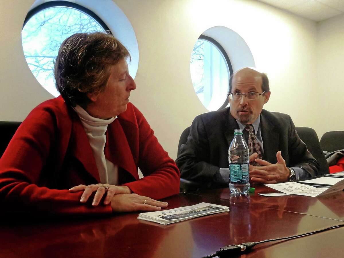 (Helen Bennett - New Haven Register) Connecticut Association of Boards of Education Executive Director Robert Rader makes a point during a meeting with the New Haven Register Editorial Board CABE general counsel and Deputy Director Patrice A. McCarthy is at left.