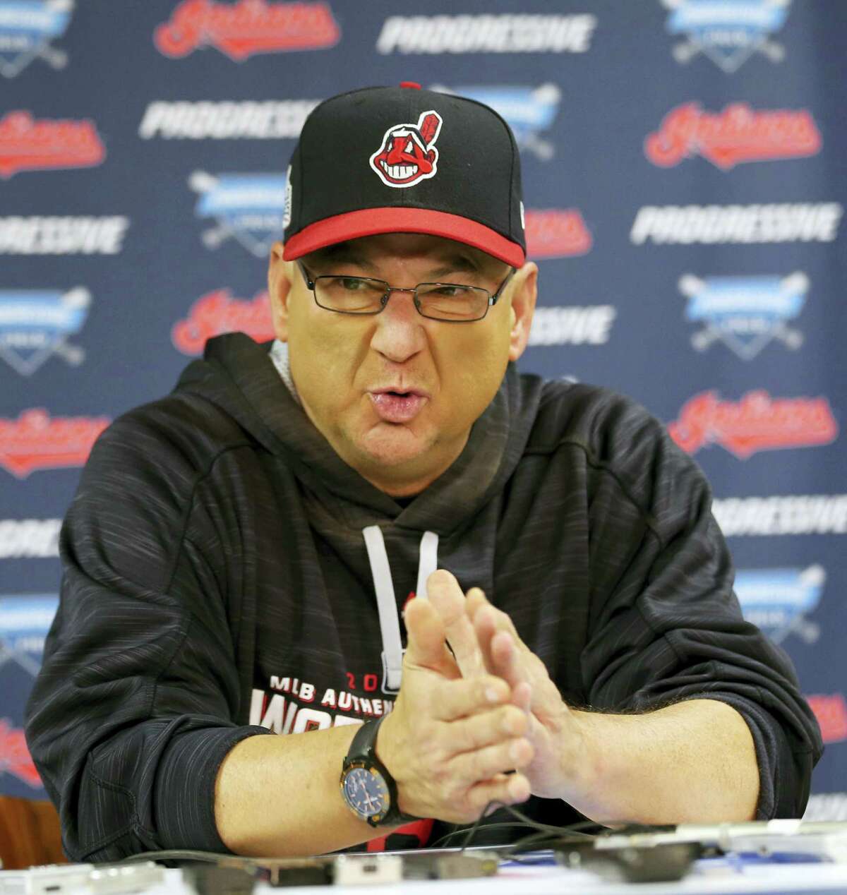Indians manager Terry Francona speaks to the media during a team practice Sunday in Cleveland.