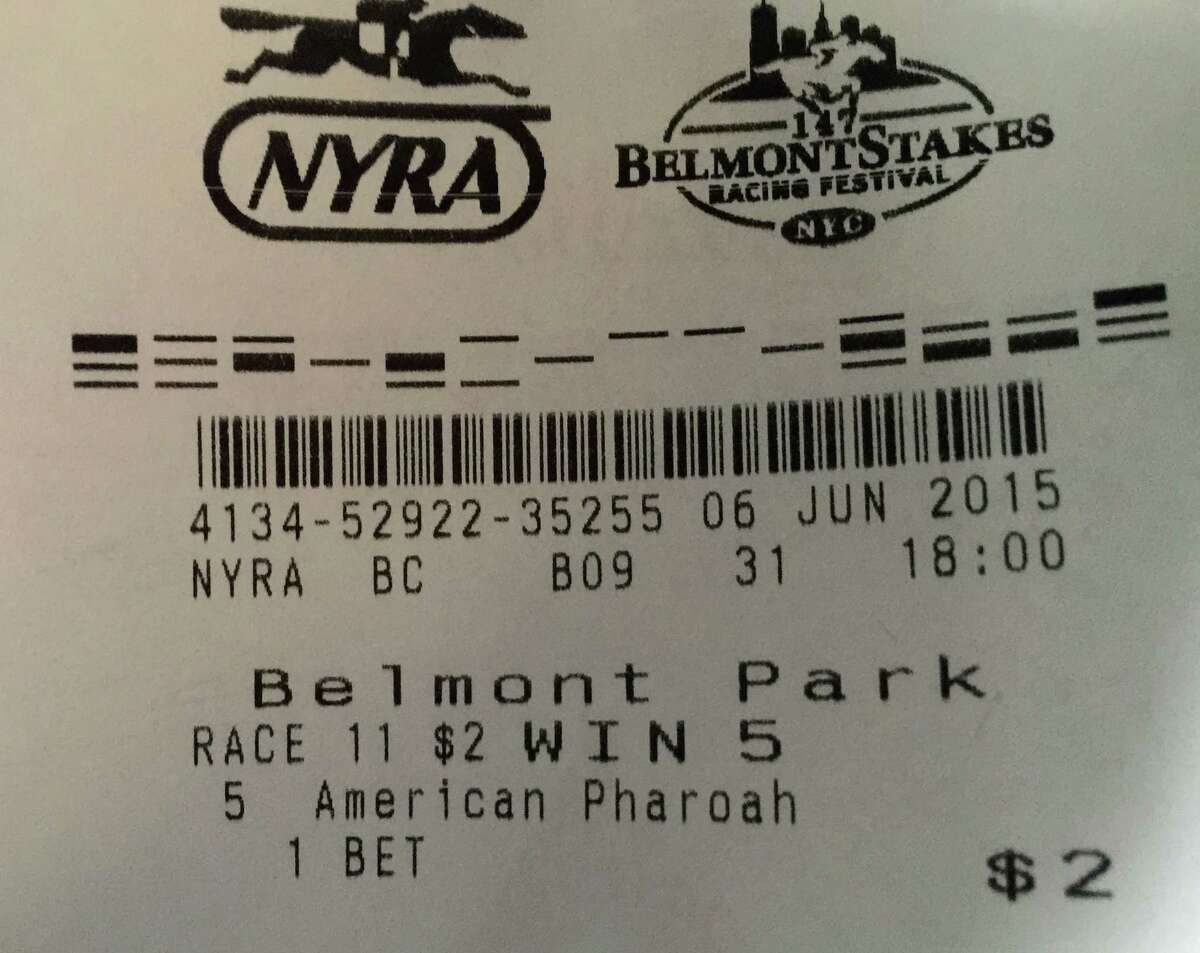 This photo taken Saturday shows a $2 betting ticket on American Pharoah to win the Belmont Stakes.