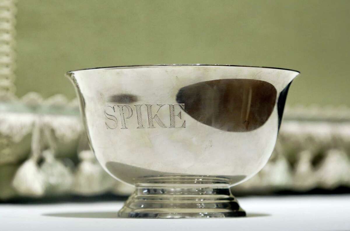 AP Photo/Mark Lennihan A dog bowl engraved with the name “Spike” owned by the late comedian Joan Rivers is on display at Christie’s, Friday, June 17, 2016, in New York. The Private Collection of Joan Rivers has more than 200 lots to be auctioned in a live sale at Christie’s on June 22 and about 80 more offered online at Christies.com, starting Thursday through June 23.