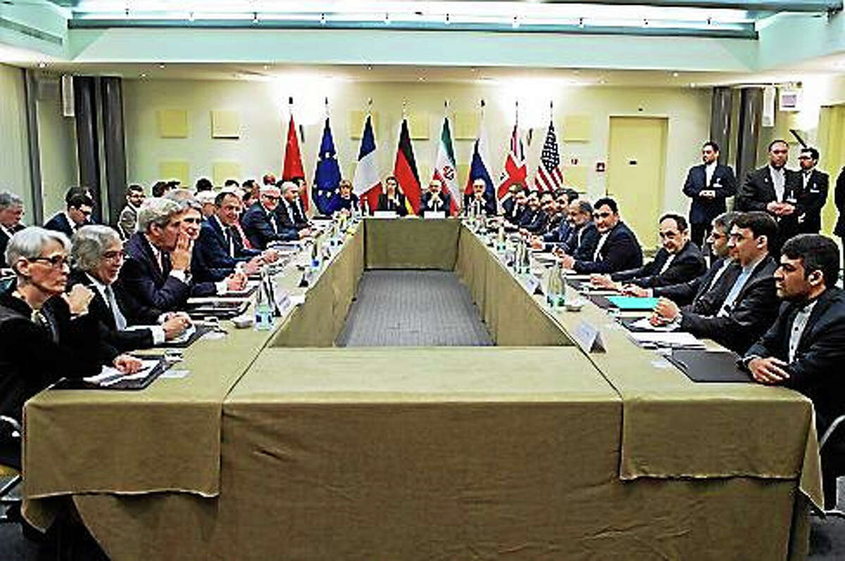 The ministers of foreign affairs of the United States, the United Kingdom, Russia, Germany, France, China, the European Union and Iran during negotiations in Lausanne, Switzerland on March 30, 2015.