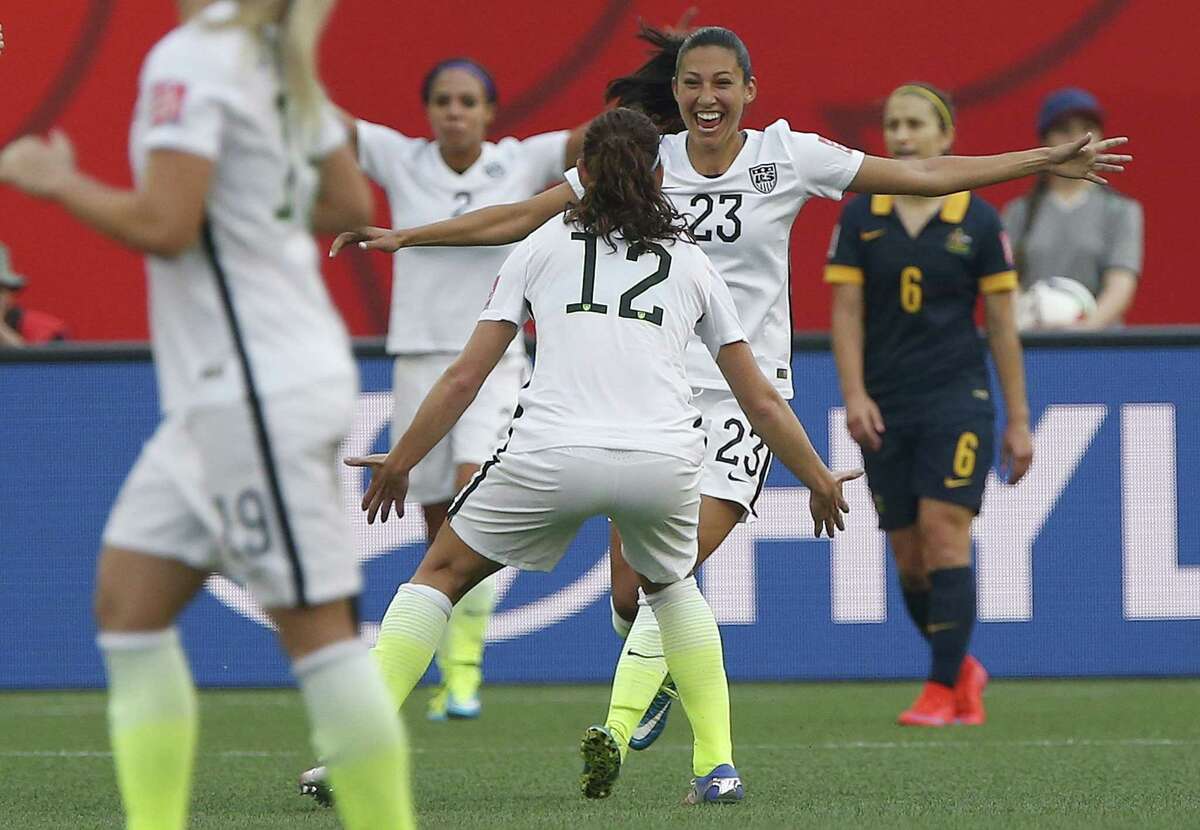 The United States’ Christen Press (23) celebrates her goal against Australia on Monday.