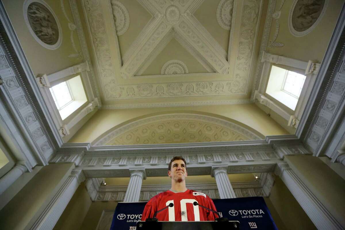 Giants quarterback Eli Manning speaks during a press conference at Syon House in Syon Park, southwest London on Friday.