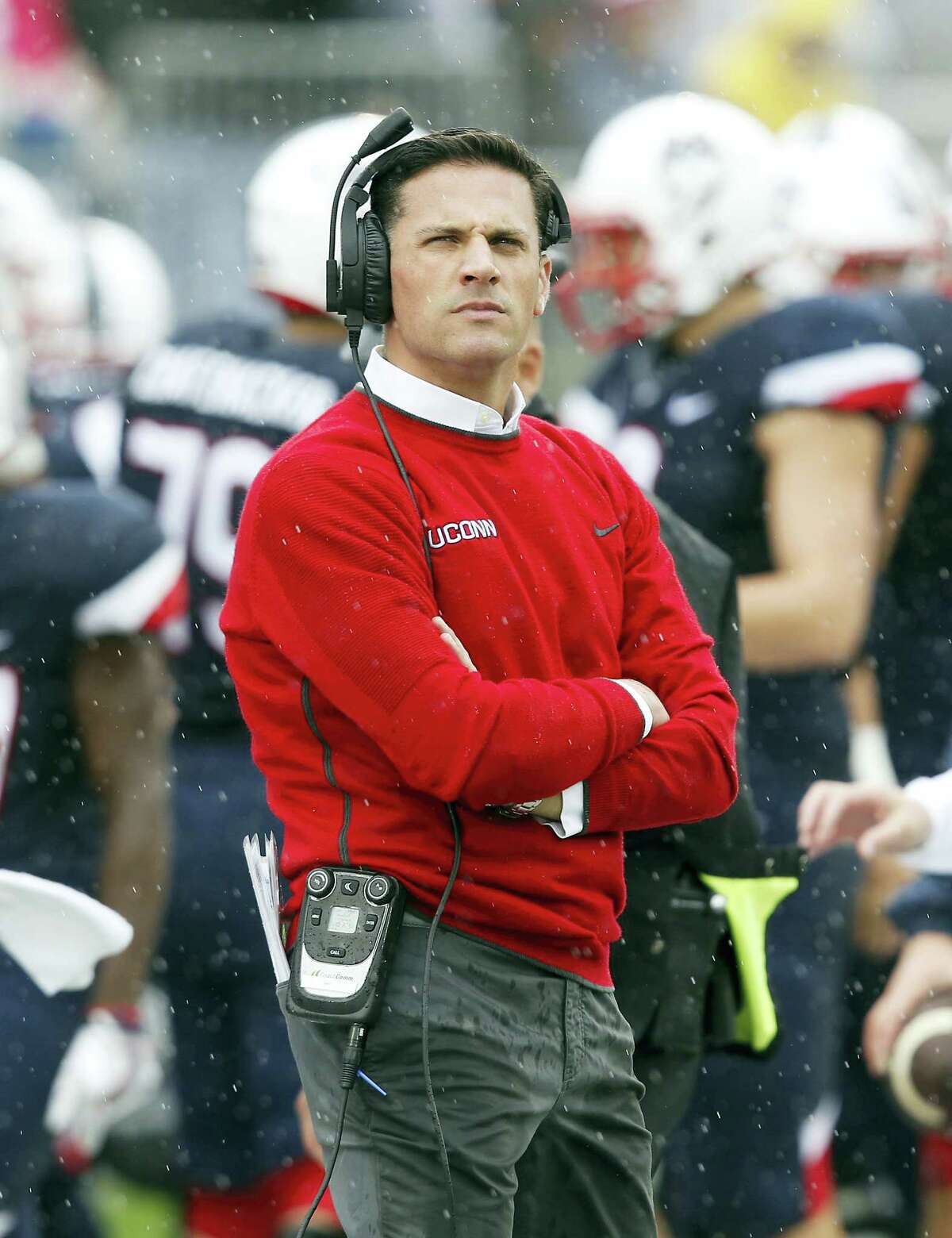 UConn head coach Bob Diaco stands on the sidelines on Saturday.