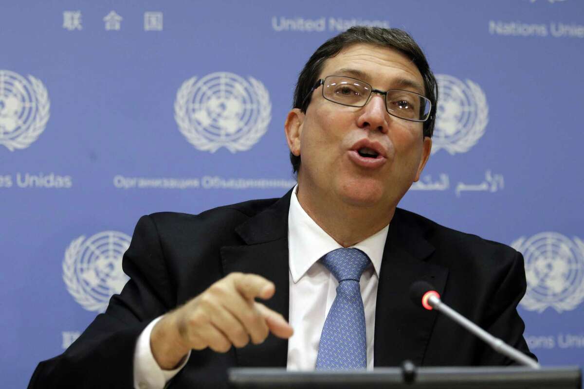 Cuba’s Foreign Minister Bruno Rodriguez speaks to reporters during a news conference at United Nations headquarters on Sept. 29.