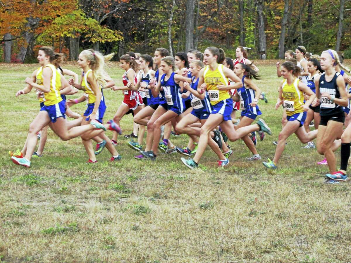 Leaders stream past at the start of the Berkshire League Cross Country Championships Thursday at Thomaston’s Black Rock State Park.