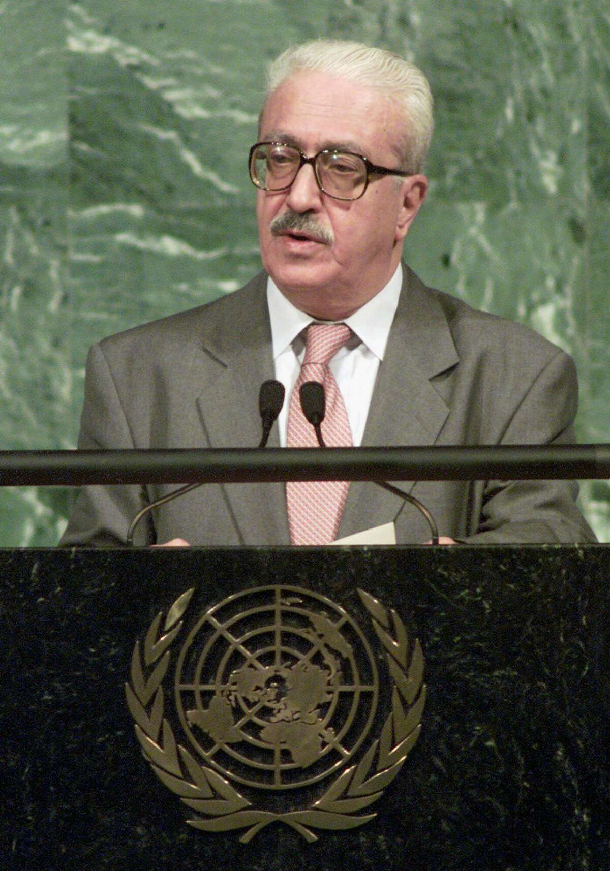FILE - In this Thursday, Sept. 7, 2000, file photo, Iraqi Foreign Minister Tariq Aziz speaks during the U.N. Millennium Summit at the United Nations. Tariq Aziz, the debonair Iraqi diplomat who made his name by staunchly defending Saddam Hussein to the world during three wars and was later sentenced to death as part of the regime that killed hundreds of thousands of its own people, has died in a hospital in southern Iraq. He was 79. (AP Photo/Richard Drew, File)