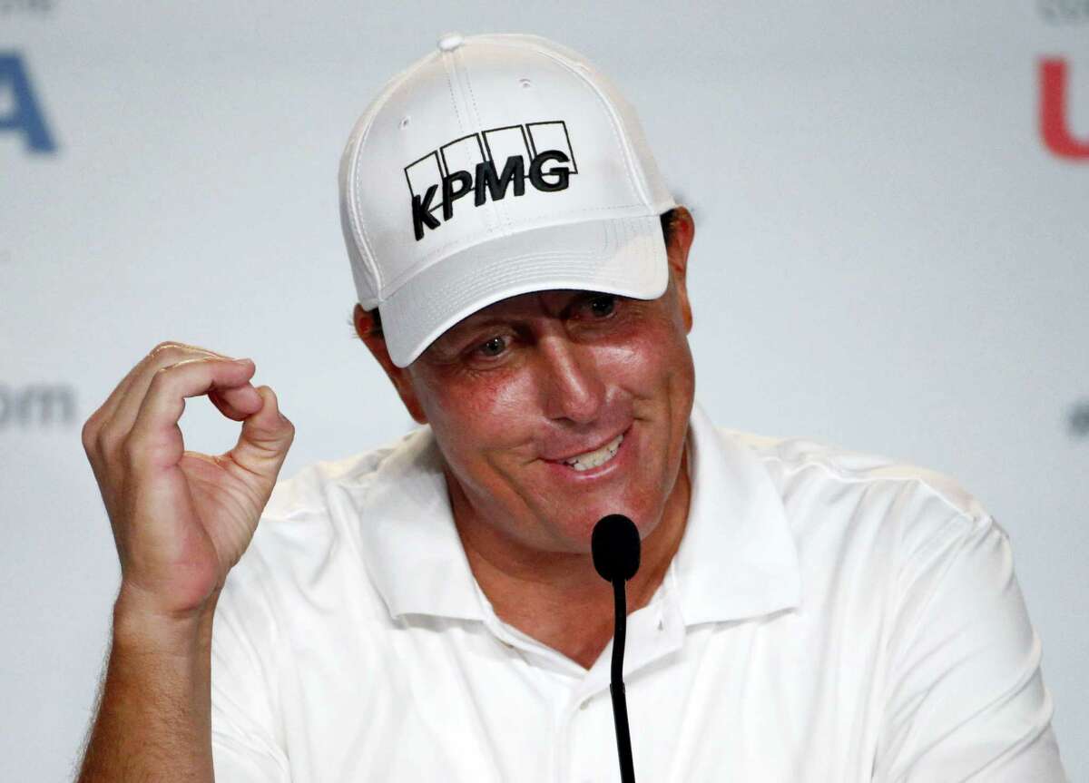 Phil Mickelson talks during a news conference for the U.S. Open championship at Oakmont Country Club Wednesday.