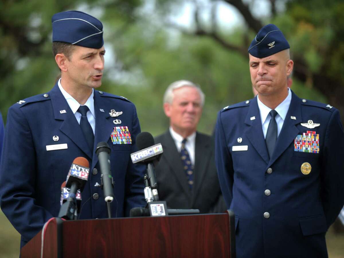 Col. Stephen Hodge, left, 317th Airlift Group Commander, and Col. Michael Bob Starr, right,7th Bomb Wing commander at Dyess Air Force Base, right, speak at a press conference Friday, Oct. 2, 2015, in Abilene, Texas. Officials say four airmen at the Air Force base in West Texas were among 11 people killed in a U.S. military transport plane crash in Afghanistan.
