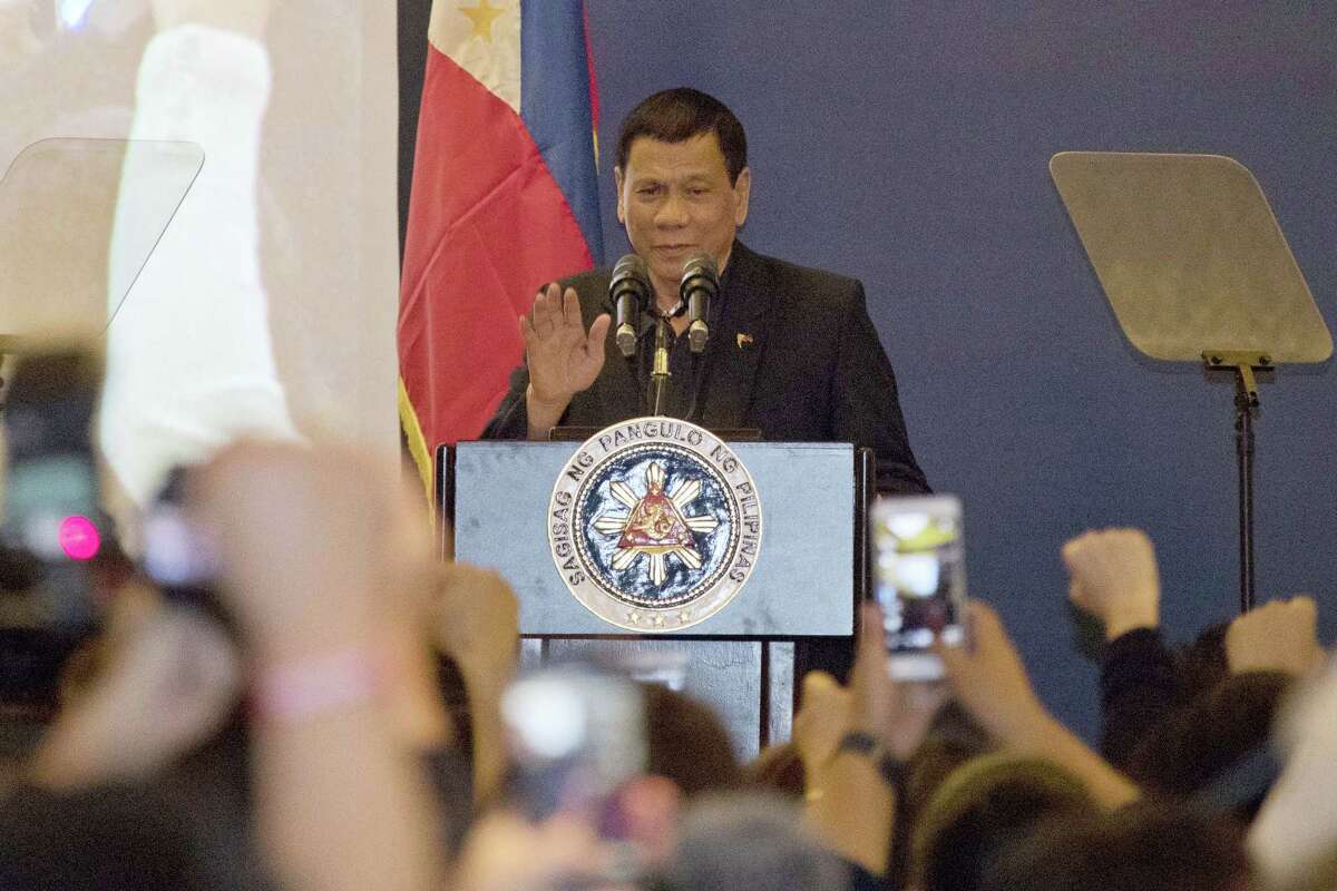 Philippine President Rodrigo Duterte addresses members of the Philippine community in Beijing, China, Wednesday, Oct. 19, 2016. Duterte’s effusive message of friendship on his visit to Beijing this week has handed China a public relations bonanza just three months after Beijing suffered a humiliating defeat by an international tribunal.