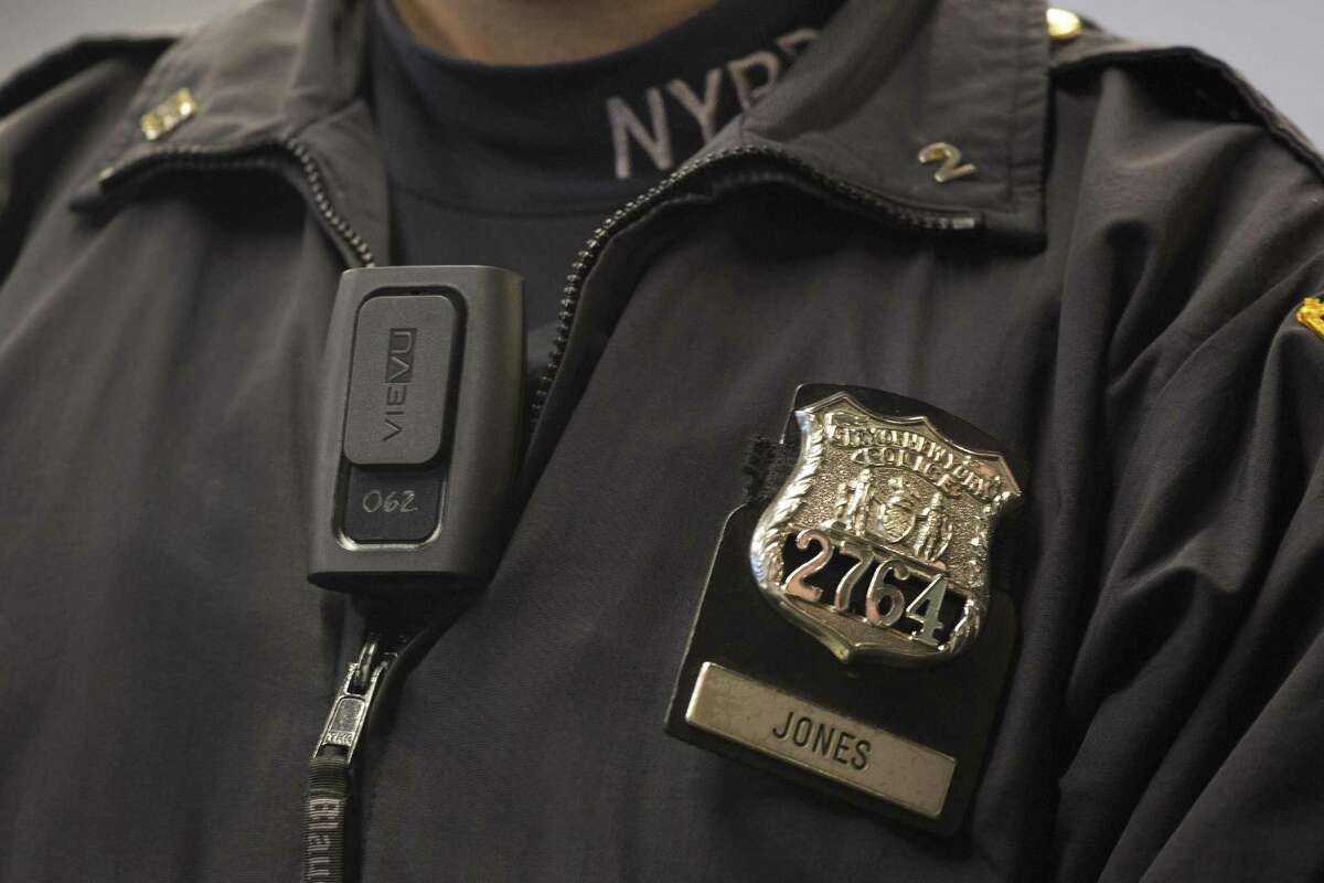 New York Police Department officer Joshua Jones wears a VieVu body camera on his chest during a news conference in this Dec. 3, 2014, file photo.