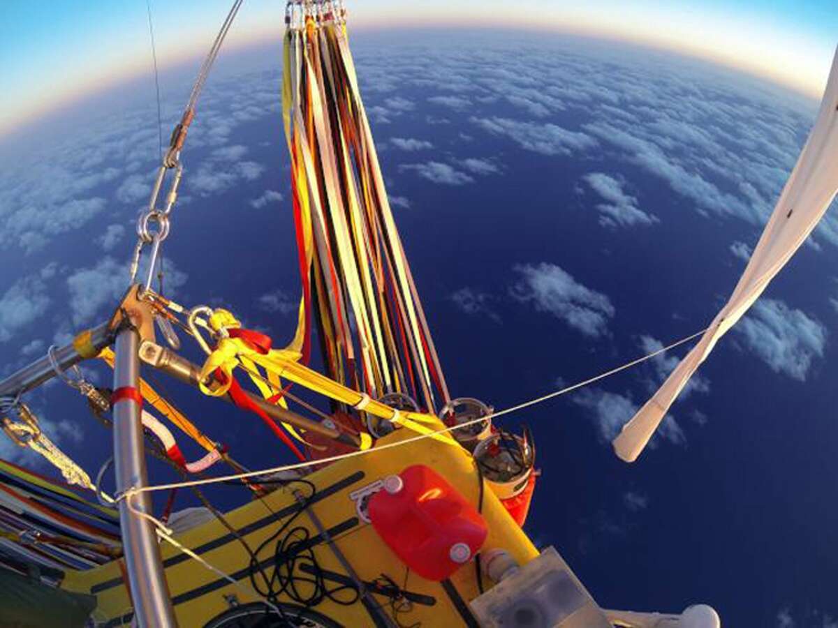 In this Jan. 26, 2015 photo provided by the Two Eagles Balloon Team, the helium-filled ballloon carrying Troy Bradley of Albuquerque and Leonid Tiukhtyaev of Russia crosses the Pacific Ocean after taking off from Saga, Japan. The two pilots landed safely off the coast of Mexico early Saturday, Jan. 31, 2015, after an audacious, nearly 7,000-mile-long trip across the Pacific Ocean that shattered two long-standing records for ballooning.