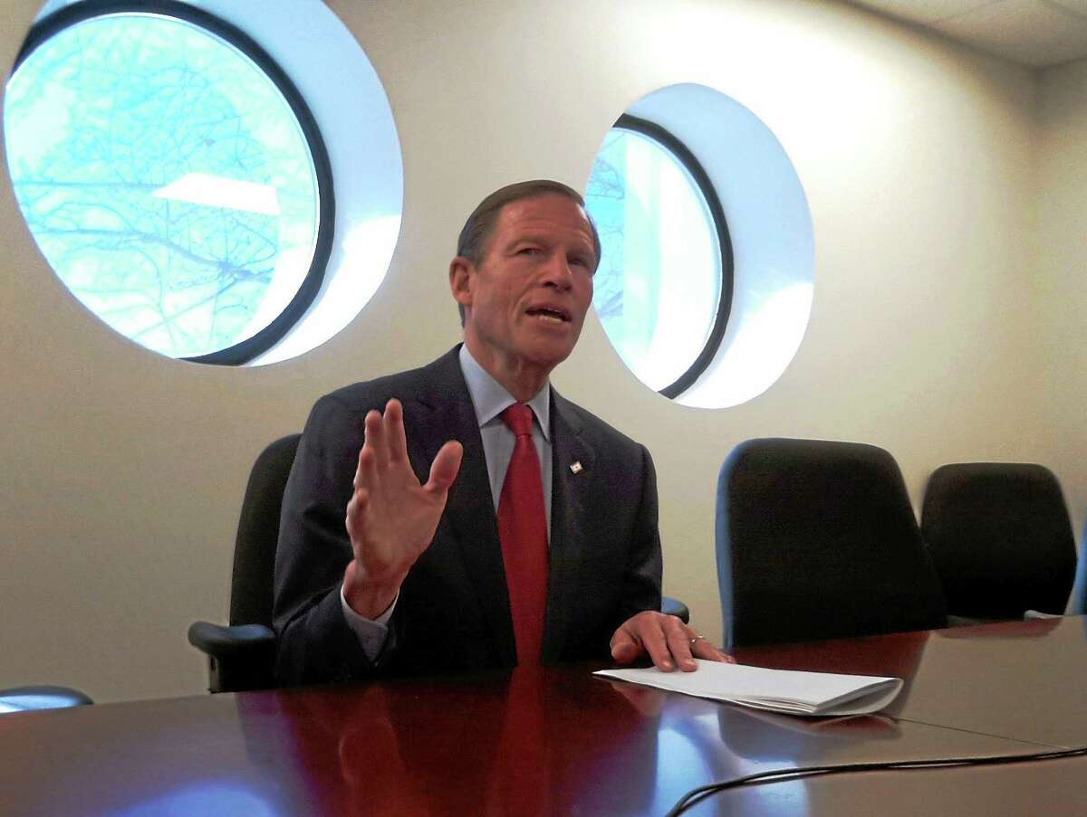 HELEN BENNETT — NEW HAVEN REGISTER FILE PHOTO U.S. Sen. Richard Blumenthal makes a point while meeting with the New Haven Register Editorial Board last year.