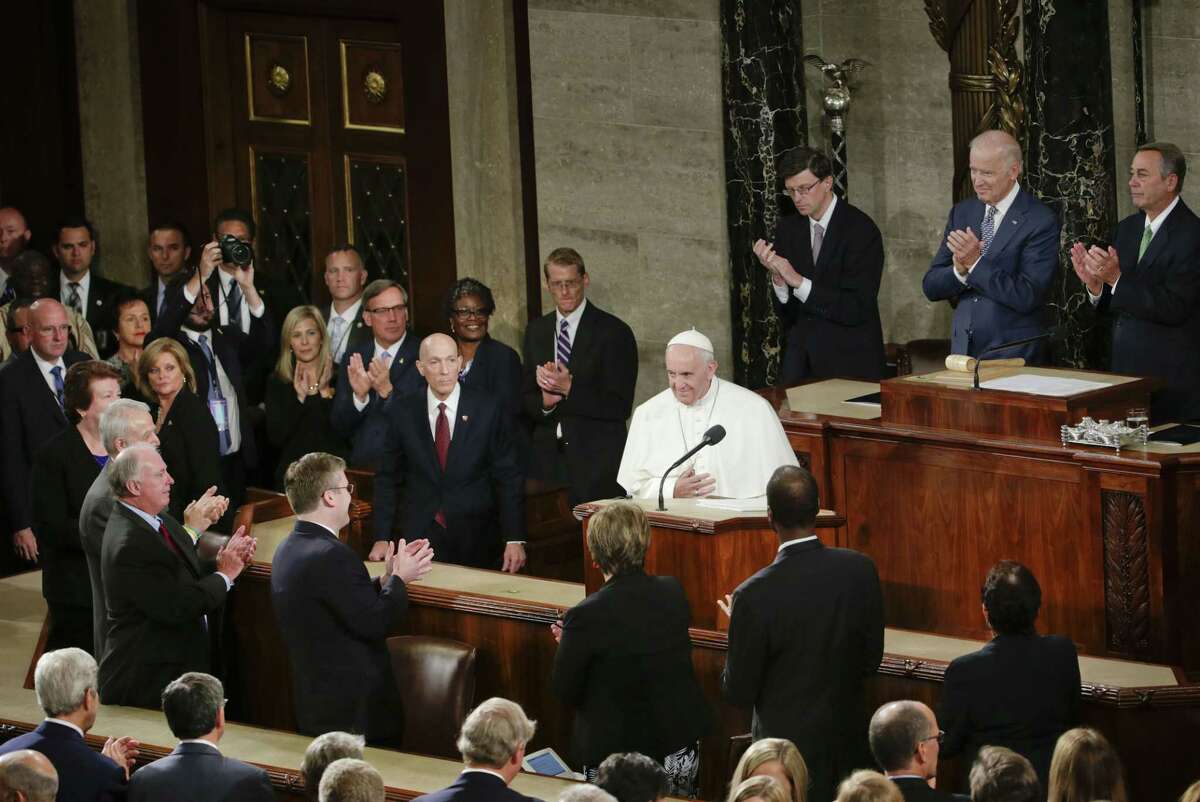 Pope Francis is applauded as he arrives on Capitol Hill in Washington Sept. 24 to address a joint meeting of Congress.