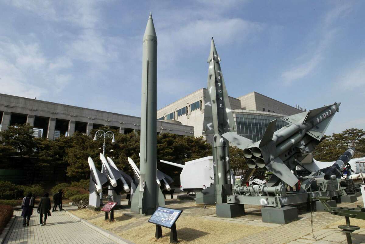 A mock Scud-B missile of North Korea, left, and other South Korean missiles are displayed at the Korea War Memorial Museum in Seoul, South Korea, Wednesday, Feb. 3, 2016. South Korea warned on Wednesday of "searing" consequences if North Korea doesn't abandon plans to launch a long-range rocket that critics call a banned test of ballistic missile technology.(AP Photo/Ahn Young-joon)