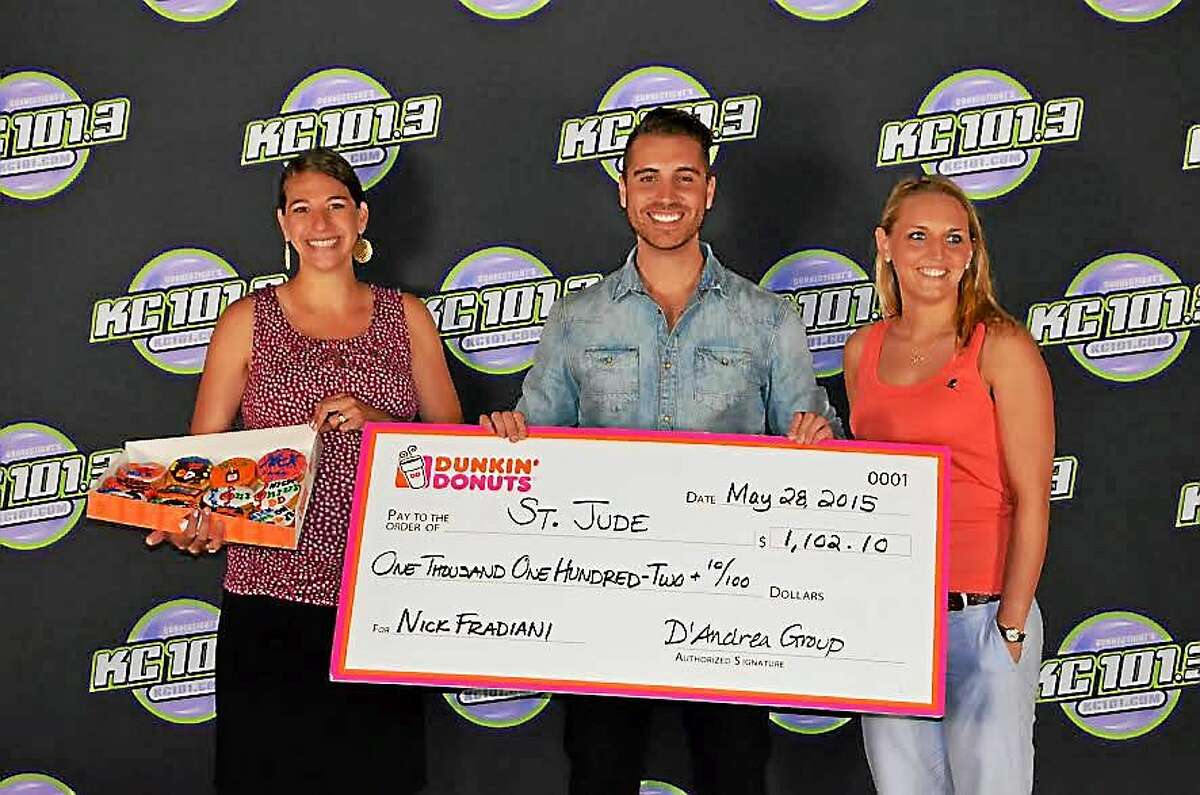 From left: Nicole Ball, Dunkin’ Donuts Franchisee; Nick Fradiani, Season 14 American Idol winner; and Jillian Grembowicz, St. Jude Children’s Research Hospital.