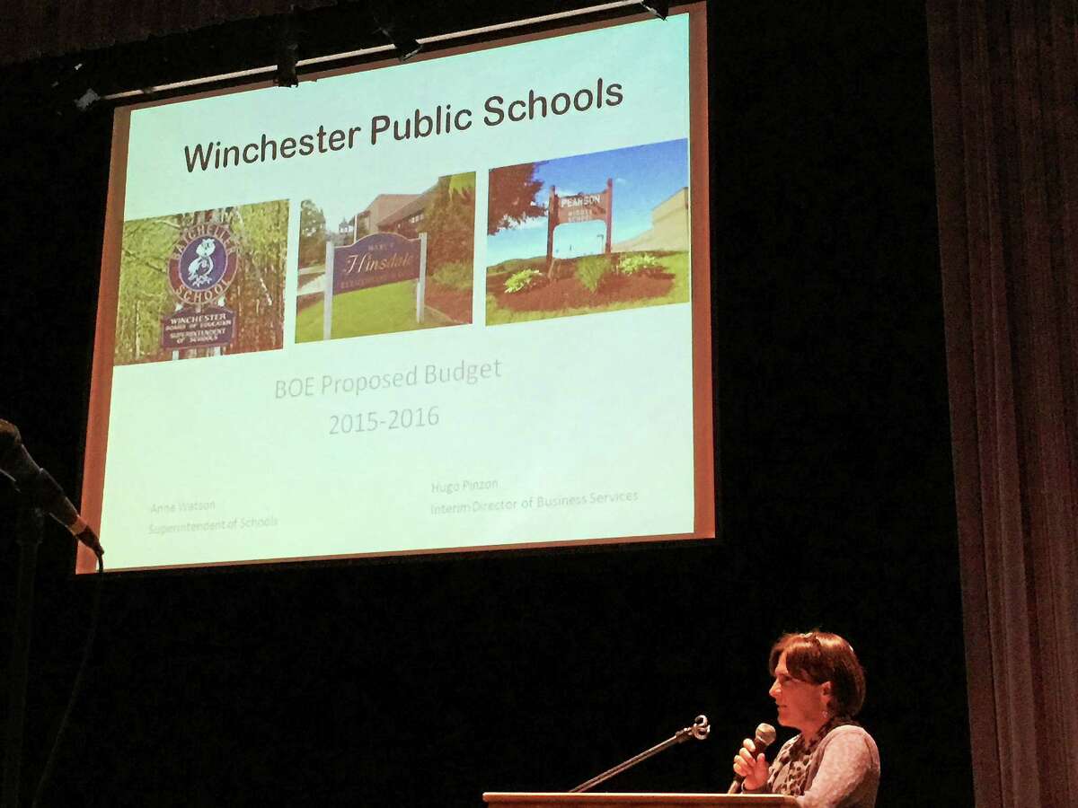 Winchester Superintendent Anne Watson addresses those in attendance Monday evening, as she presents a proposed 2015-16 budget for the Winchester Public Schools.