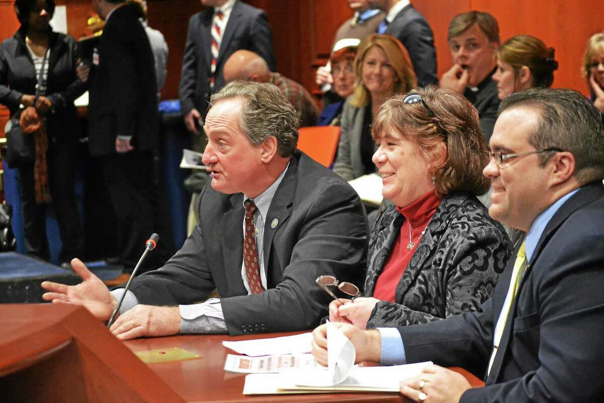 State Rep. John Piscopo was joined in Hartford by Harwinton First Selectman Michael Criss and local business owner Franci Tartaglino to testify on legislation affecting small businesses.