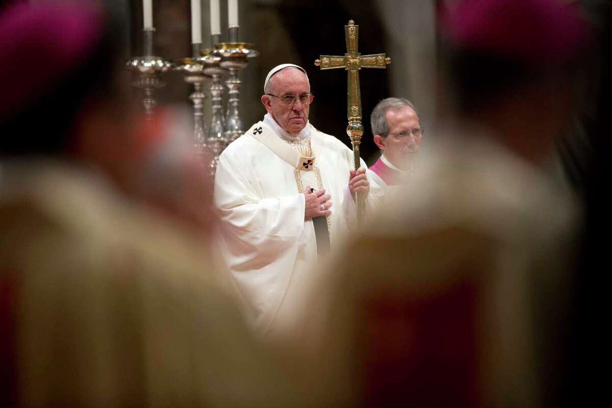 Pope Francis celebrates a Mass for nuns and priests Tuesday, Feb. 2, 2016, in St. Peter’s Basilica at the Vatican.