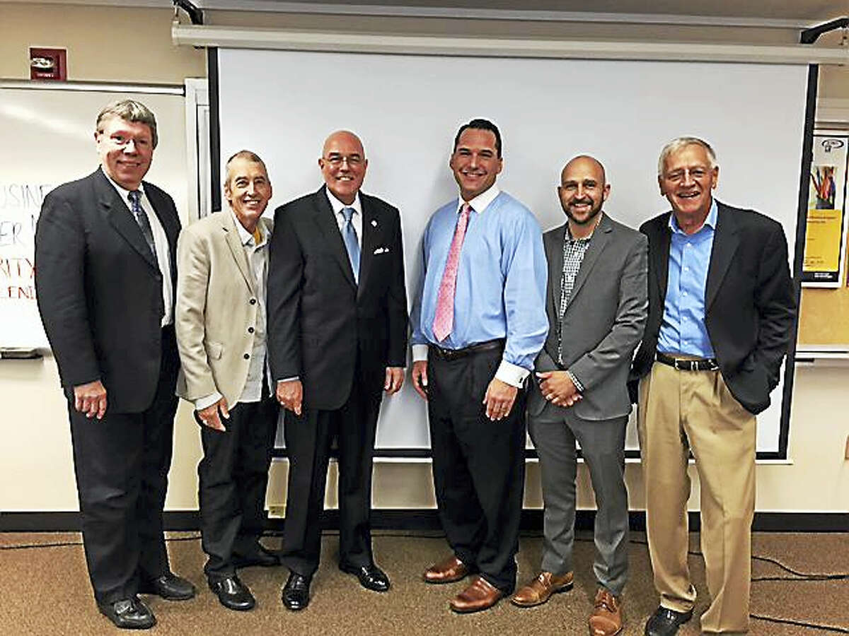 Contributed photoFrom left are Vance Taylor, Chairman CID; Tom Hill III, CCIM/SIOR, representing Naugatuck Industrial Park; Larry Bingaman, President/CEO Regional Water Authority; Damon Ralph, Business Banker and sponsor from Wells Fargo; Jed Backus, Host; and Phil Backus of Backus Real Estate.