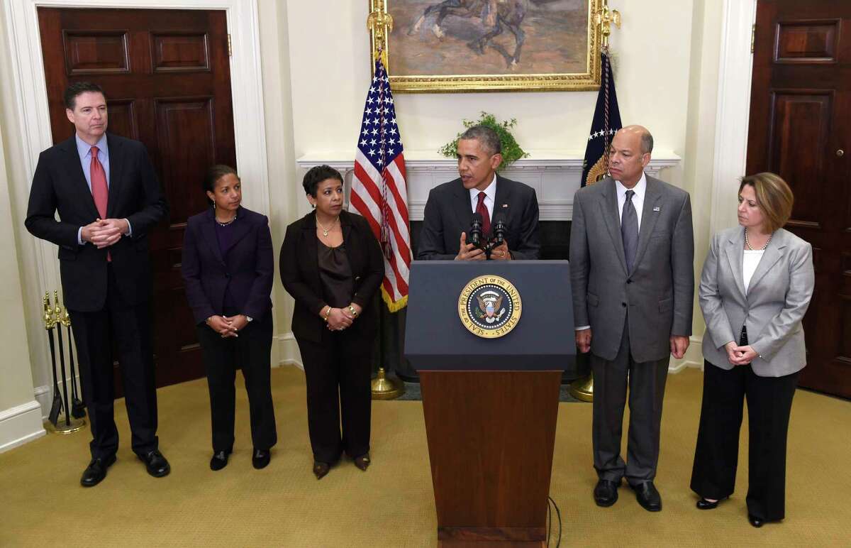 President Barack Obama updates the public on the nation’s homeland security posture heading into the holiday season from the Roosevelt Room of the White House in Washington, Wednesday, Nov. 25, 2015. From left are, FBI Director James Comey, National Security Adviser Susan Rice Susan Walsh, Attorney General Loretta Lynch, Homeland Security Secretary Jeh Johnson and Assistant to the President for Homeland Security and Counterterrorism Lisa Monaco.