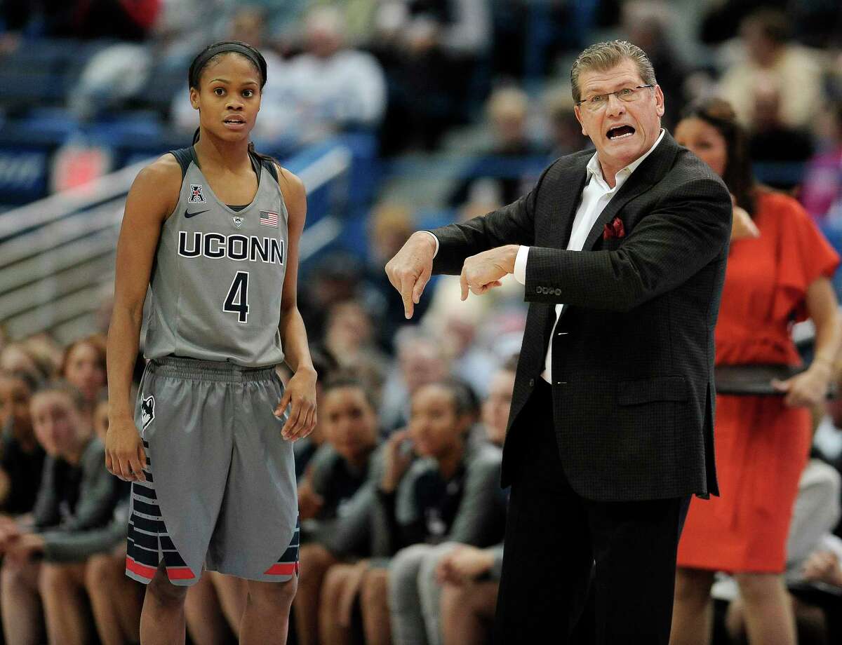 UConn head coach Geno Auriemma and guard Moriah Jefferson look on during the top-ranked Huskies’ 97-57 win over Kansas State on Monday night.